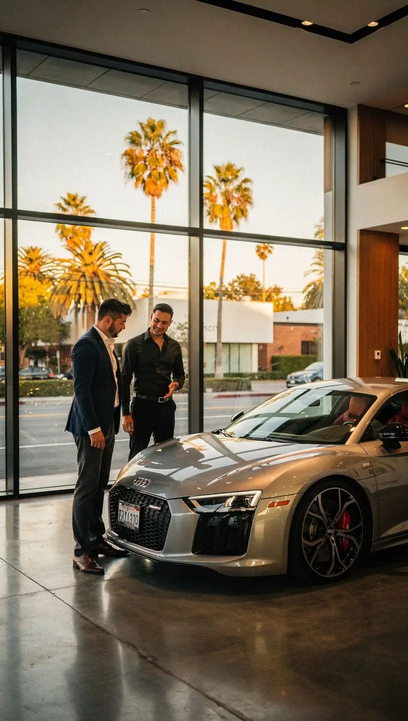 Luxury European car receiving expert maintenance service in a modern Los Angeles boutique with professional technicians and state-of-the-art equipment